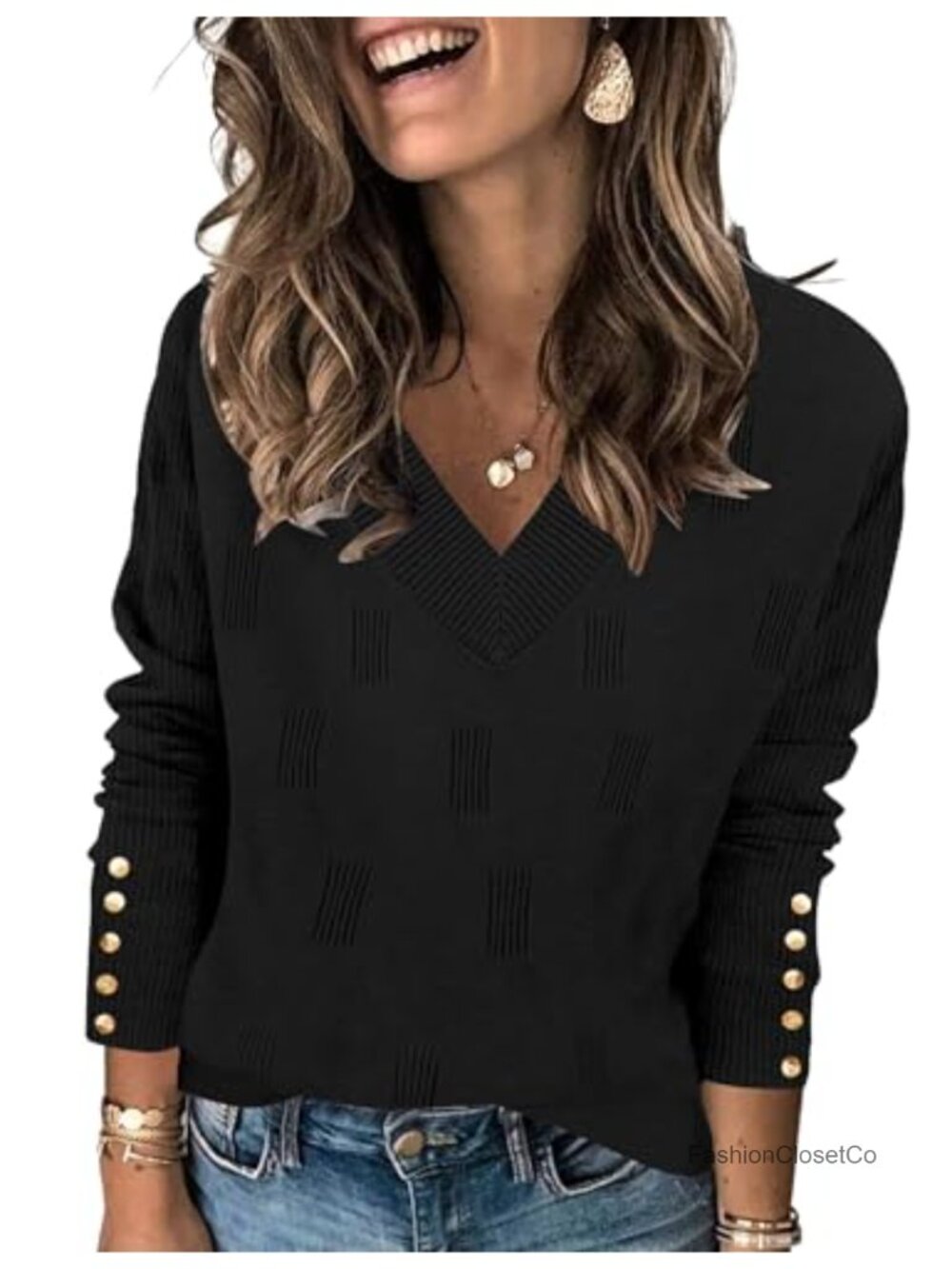 V Neck Lightweight Knit Pullover Sweater Long Sleeve Decorative Buttons Viscose